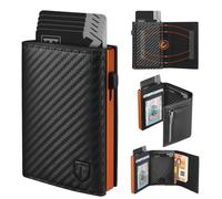 TEEHON Portafoglio Uomo Slim RFID Blocking, Magnetica Fibra di Carbonio Porta Carte di Credito Uomo - ID Window, Tasca Portamonete con Cerniera, Scomparto per Banconota (Nero Arancione)