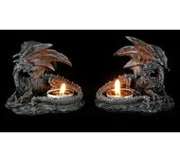 Teelichthalter Drache Liegend Nero Set 2 Pezzi Figur Portacandele Gothic