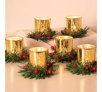 Teelichthalter Weihnachten Kerzenhalter Weihnachtsdeko Tisch: Hewory 6 Stück Tischdeko Weihnachten Teelichtgläser mit Künstlicher Adventskranz Rot Beeren Kerzenring