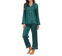 Teemie Pigiama Donna Due Pezzi Maniche Lunghe Set Pantaloni Camicia da Notte Sleepwear Eleganti Morbido Comodo Casual Estivo con Bottoni in Casa San Valentino Verde XXL