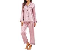 Teemie Pigiama Donna Due Pezzi Maniche Lunghe Set Pantaloni Camicia da Notte Sleepwear Eleganti Morbido Comodo Casual Estivo con Bottoni in Casa San Valentino Rosa XL