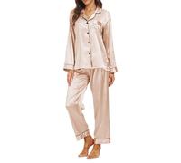 Teemie Pigiama Donna Due Pezzi Maniche Lunghe Set Pantaloni Camicia da Notte Sleepwear Eleganti Morbido Comodo Casual Estivo con Bottoni in Casa San Valentino Taupe XXL