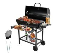 TEENO Carrello per barbecue in legno,Grill XXL a carbone con coperchio, termometro,Cassetto per cenere,Guanti antiscottature, Svento regolabile,Grande barbecue al carbone di legna