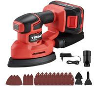 TEENO Levigatrice Orbitale 20V con Sacchetto per la Polvere, 3 in 1 con Batteria 2Ah Li-ion, Palmare con 15 Carte Vetrate, 13000tr/min