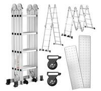 TEENO Scala Multiuso 7 in 1 in Alluminio, 4.7 M, 4x4 Gradini, Scaletta Pieghevole con 2 Piattaforme, 2 Ruote Removibili e Piedini in Gomma, Scala Telescopica Oortata 150 kg, Argento