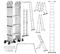 TEENO Scala Multiuso 7 in 1 in Alluminio, 4.7 M, 4x4 Gradini, Scaletta Pieghevole con 2 Piattaforme, 2 Ruote Removibili e Piedini in Gomma, Scala Telescopica Oortata 150 kg, Argento