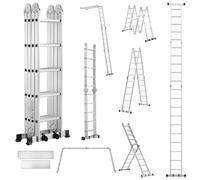 TEENO Scala Multiuso 7 in 1 in Alluminio, 5.8 M, 4x5 Gradini, Scaletta Pieghevole con 2 Piattaforme, 2 Ruote Removibili e Piedini in Gomma, Scala Telescopica Oortata 150 kg, Argento