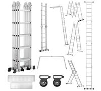 TEENO Scala Multiuso 7 in 1 in Alluminio, 5.8 M, 4x5 Gradini, Scaletta Pieghevole con 2 Piattaforme, 2 Ruote Removibili e Piedini in Gomma, Scala Telescopica Oortata 150 kg, Argento