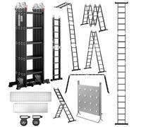 TEENO Scala multiuso pieghevole 7 in 1, 5.82 M, 4 x 5 Gradini, Scala Multifunzionale Alluminio con Piattaforma di Lavoro, 2 Piastre di Ponteggio, 2 Ruote Rimovibili, Carico massimo 150 kg, Nero