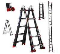 TEENO Scala Pieghevole Multifunzione 5,1 m, Scala telescopica con 2 Rimovibile Ruote e Base Rinforzata Triangolare, 5x5 Gradini, Carico 150KG, Nero