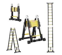 TEENO Scala Telescopica Pieghevole in Alluminio, 5 M(2,5 + 2,5) Pieghevole Multifunzione Antiscivolo Allungabile Scaletta con Doppia Puleggia Rimovibile e Barra Stabilizzatrice, Carico Massimo 150kg