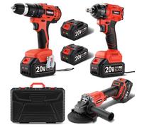 TEENO Tool 3 pezzi Set (LITHIUM ANGLE GRINDER+CORDLESS DRILL+IMPATTO DRILL) 20 V Batterie 3Ah*2, Per auto e casa