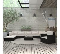 Teenpull 11-TLG. Set da giardino in polyrattan nero con cuscini bianchi panna, mobili da esterno per terrazze, balcone, resistente alle intemperie, design modulare
