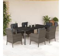Teenpull 7-TLG. Gruppo da giardino in polyrattan grigio con cuscino, tavolo da giardino in vetro temperato, per patio esterno, balcone, 200 x 100 cm
