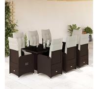 Teenpull 9-TLG. Set di bistrò da giardino con cuscino, marrone, polyrattan, regolabile, piano in vetro temperato, resistente ai raggi UV, per esterni