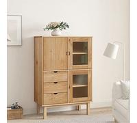 Teenpull Highboard OTTA 85 x 43 x 125 cm, in legno massello di pino, design rustico, con 3 cassetti e porte, spazio versatile per soggiorno, sala da pranzo e cucina