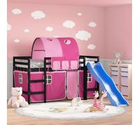 Teenpull Lettino a soppalco con scivolo, tunnel, tenda rosa, in legno massello di pino, 80 x 200 cm, mobili da gioco sicuro, struttura robusta con piattaforma materasso per cameretta dei bambini