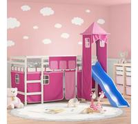 Teenpull Lettino a soppalco per bambini in legno massello di pino 90 x 190 cm, torre rosa e scivolo, protezione dalle cadute, robusto telaio per la cameretta dei bambini, con scala per tende per