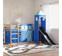 Teenpull Letto a castello in legno di pino massello con scivolo, tenda blu, 80 x 200 cm, lettino da gioco salvaspazio per cameretta dei bambini, telaio robusto per bambini con rete a doghe inclusa