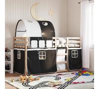 Teenpull Letto a castello in legno di pino massiccio, bianco e nero, 90 x 190 cm, con tende, protezione anti-caduta e scala, lettino per gioco e camera da letto