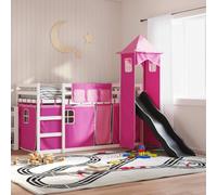 Teenpull Letto a castello in legno massello con scivolo e tende rosa, 80 x 200 cm, in legno di pino, protezione sicura, torre di gioco, set di mobili per cameretta dei bambini