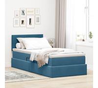 Teenpull Letto con vano portaoggetti e LED blu scuro, 90 x 200 cm, in velluto, in metallo, con rete a doghe e testiera, letto singolo con sollevamento idraulico, ideale per camera da letto con pratico