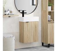 Teenpull Mobile sottolavabo da bagno con lavabo e miscelatore nero in rovere Sonoma, vano portaoggetti e cassetti, montaggio a parete, salvaspazio, per bagno degli ospiti e lavanderia