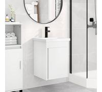Teenpull Mobile sottolavabo da bagno con lavabo e miscelatore nero, lavabo bianco in legno, montaggio a parete con vano portaoggetti, scarico a pressione, troppopieno