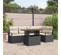 Teenpull Set da pranzo da giardino, 6 pezzi, crema nera, in rattan e legno di acacia, design modulare per esterni, set di divani da terrazza con cuscino