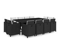Teenpull Set di 13 sedie da giardino in polyrattan nero, resistente alle intemperie, per terrazzo e balcone, con comodi cuscini bianchi panna, tavolo 225 x 109 x 74 cm, 12 sedie