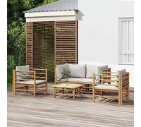 Teenpull Set di 5 mobili da giardino in bambù con cuscino grigio chiaro, robusti mobili da esterno per balcone e terrazza, comodi set di conversazioni