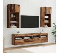 Teenpull Set di mensole da parete per TV, effetto legno antico, 5 pezzi, 40,5 x 30 x 90 cm, con illuminazione a LED, moderno centro intrattenimento per soggiorno, in legno