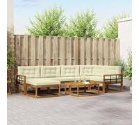 Teenpull Set di mobili per esterni, 7 pezzi, con cuscini, colore naturale e crema, in legno di acacia, con tavolo, sgabello, divano angolare e poltrone centrali, per giardino, patio, piscina