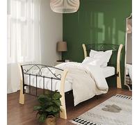 Teenpull Struttura letto singolo 90 x 200 cm, design in legno di quercia in metallo nero, telaio robusto con testiera integrata, base stabile per la vostra camera da letto