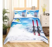 Teens - Coperta da sci, sciatore, in alta montagna, per sport invernali estremi, hobby, 2 pezzi, con 1 federa, 135 x 200 cm, colore: bianco e blu