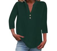 Teeshirt - Maglietta da donna con scollo a V, con maniche a tre quarti, con parte superiore e scollo a V, traspirante, taglia grande, camicia in cotone e lino, maniche lunghe, casual, tinta unita