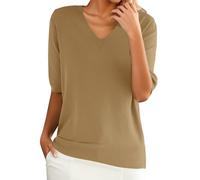 Teeshirt - Maglietta da donna, in cotone, con scollo a V, mezza maniche, con maniche lunghe, traspirante, taglia grande, camicia in lino, estate, tinta unita, tinta unita, camicetta basic, maglietta