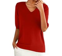Teeshirt - Maglietta da donna, in cotone, con scollo a V, mezza maniche, con maniche lunghe, traspirante, taglia grande, camicia in lino, estate, tinta unita, tinta unita, camicetta basic, maglietta