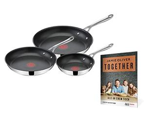 Tefal E304S3.TOG Jamie Oliver Cook's Direct On - Set di 3 padelle + libretto con 10 ricette da 20, 24, 28 cm, adatte per piani cottura a induzione, lavabili in lavastoviglie, segnale termico in