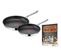 Tefal Jamie Oliver by Cook's Direct On E304S2.TOG - Set di padelle da 24 x 28 cm, antiaderente a induzione, utilizzabile in forno, in acciaio inox, manico rivettato