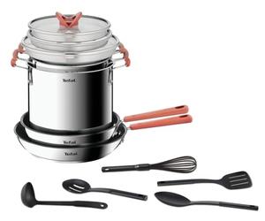 Tefal OptiSpace Set di 2 Padelle, 3 Pentole + 3 Coperchi + Acc: Pentole da 18/20, Pentola per Pasta, 2 Padelle da 24/28 cm in Acciaio Inossidabile, 3 Coperchi Piatti, 5 Accessori Cucina