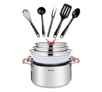 Tefal OptiSpace - Set di 3 pentole 18/20/24 cm + coperchio in plastica e acciaio inox + 5 accessori, maniglie antiscivolo tocco freddo, segni di misura, lavabile in forno e lavastoviglie, tutti i tipi