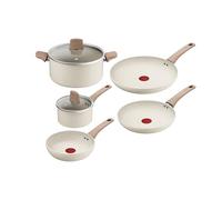 Tefal Stone White, Set di 7 pezzi da cucina, padelle 20/24/28 cm, casseruole con coperchi 16/24 cm, manico fisso, rivestimento antiaderente, corpo in alluminio 100% riciclato, indicatore di