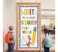 Tegeme Torna a scuola Copertura per porta Notebook Linea Banner per porte Primo giorno di scuola Forniture per feste Composizione Notebook Portico Segno Foto Sfondo Benvenuto Porte anteriori