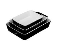 Relaxdays Set da 3 Teglie in Ceramica, Pirofile Rettangolari, per Forno, Frigo, Lavastoviglie, con Manici, Nero Bianco