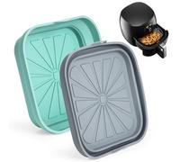 Teglia in Silicone Friggitrice ad Aria, 2 Pezzi Accessori Friggitrice ad Aria, Antiaderenti e Pieghevoli, Vassoio Quadrato per Cestelli Oltre 3 L, Inserti per Airfryer, Azzurro Chiaro e Grigio