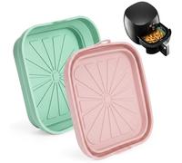 Teglia in Silicone Friggitrice ad Aria, 2 Pezzi Accessori Friggitrice ad Aria, Antiaderenti e Pieghevoli, Vassoio Quadrato per Cestelli Oltre 3 L, Inserti per Airfryer, Rosa Chiaro e Verde Chiaro