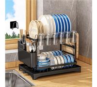 TEGOVE Scolapiatti da cucina, scolapiatti a 2 livelli in inox,Porta utensili e vassoio antigoccia,Asciugatrice per stoviglie con portautensili,Nero Kitchen Drain Rack