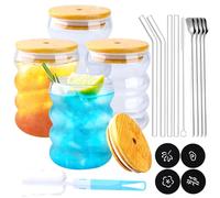 TEGOVE Set di 4 Bicchieri a Coste (350ml) in Vetro con Cannucce, Coperchio e Cucchiaio - Tazzine per Caffè, Cocktail, Latte, Acqua