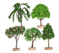 TEHAUX 5 Pezzi Alberelli Mini Modello Paesaggio Plastica Verde Set | Diorama Modellismo, Base in Legno, Design Realistico, Decorazione Versatile per Progetti Creativi